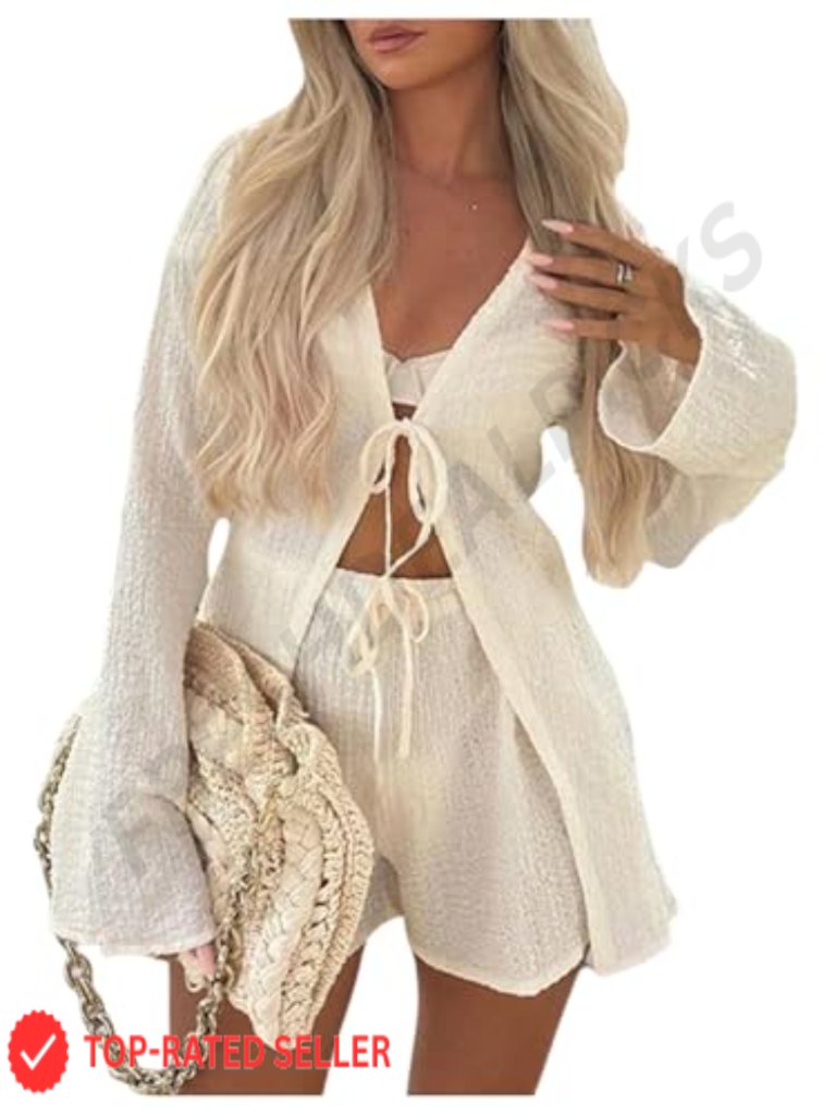 Women's 2 Piece Shorts Set Long Sleeve Tie Front Loungewear Vacation Outfit